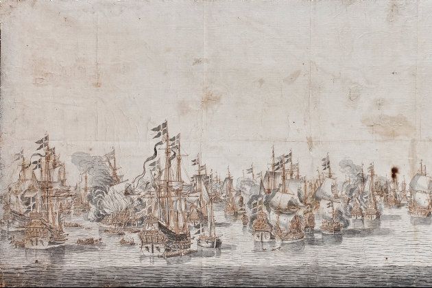 Søslaget i Femern Bælt 13. oktober 1644 mellem danske og svenske skibe. Tusch og sepialavering af Willem van de Velde d.ä. - Skoklosters slot, Sverige - Public Domain. 