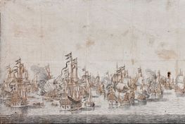 Søslaget i Femern Bælt 13. oktober 1644 mellem danske og svenske skibe. Tusch og sepialavering. af Willem van de Velde d.ä. - Skoklosters slot, Sverige - Public Domain. 
