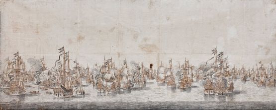 Den anden af to store blyant- og blæktegninger af slaget i Femern Bælt af Willem van der Velde, Skoklosters Slott, Sverige. 